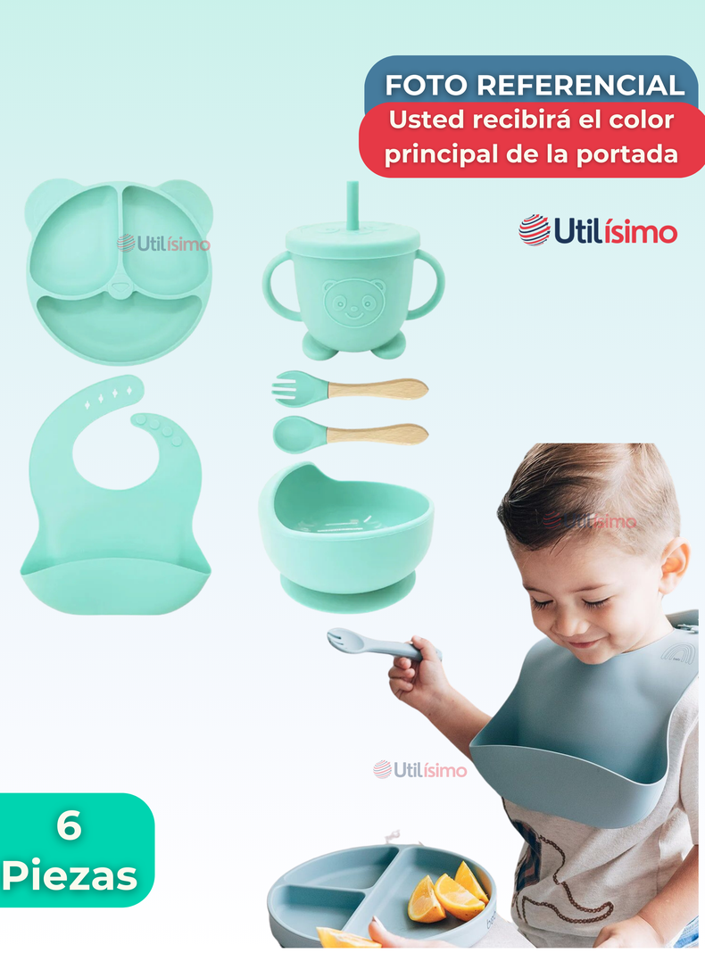Set De Alimentación Bebé Silicona De Oso 6 Piezas Libre BPA Turquesa-6