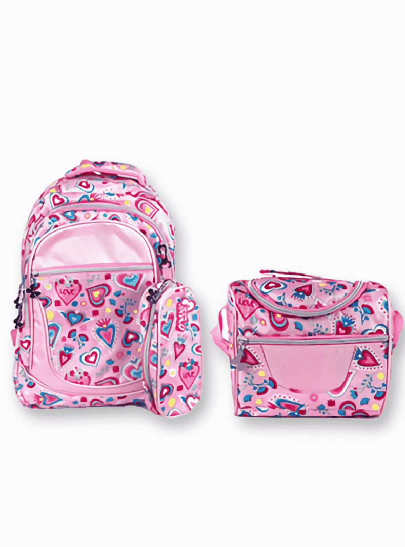 Mochila Con Lonchera Y Estuche 45CM Diseno Estampado Nina Pink Hearts