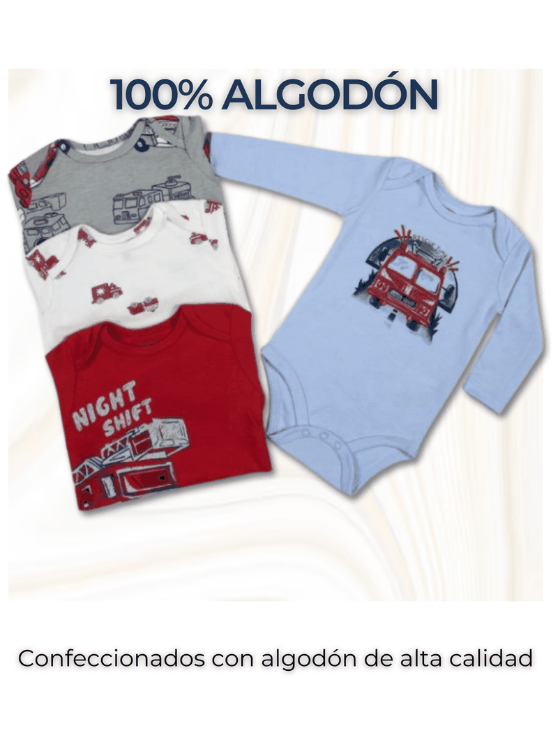 Pack 4 Bodys Bebé Niño Manga Larga Tedmimak 100% Algodón Red Cars-1