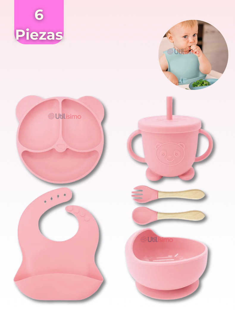 Set De Alimentación Bebé Silicona De Oso 6 Piezas Libre BPA Rosa Claro-0