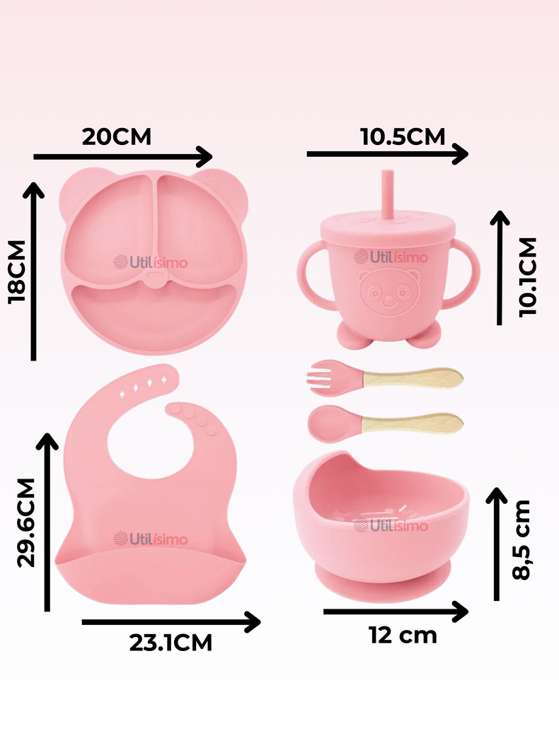 Set De Alimentación Bebé Silicona De Oso 6 Piezas Libre BPA Rosa Claro-1