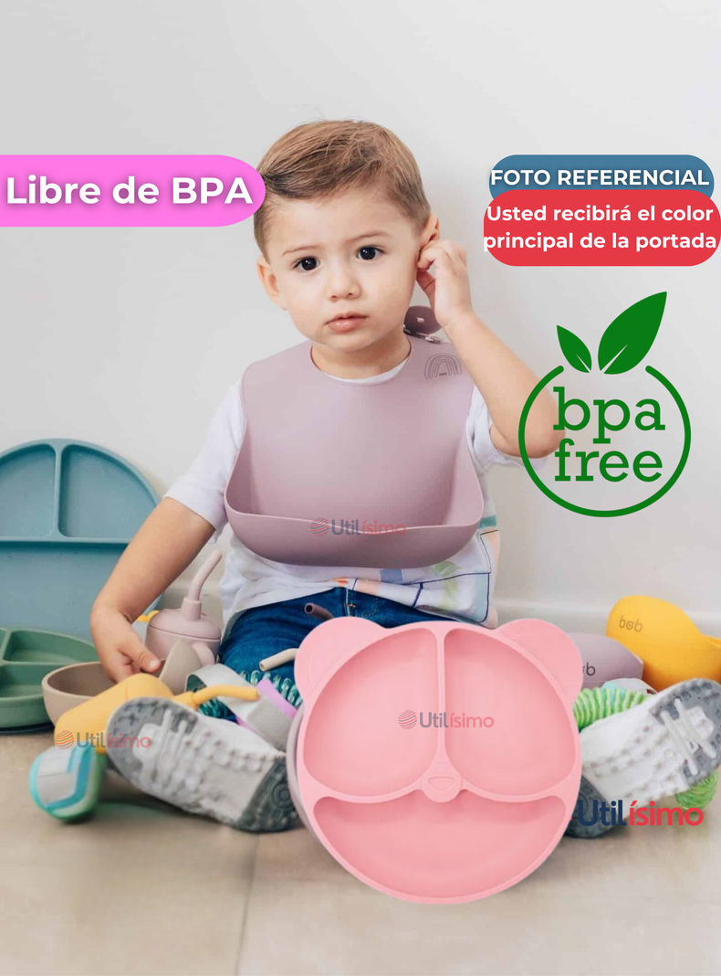 Set De Alimentación Bebé Silicona De Oso 6 Piezas Libre BPA Rosa Claro-2