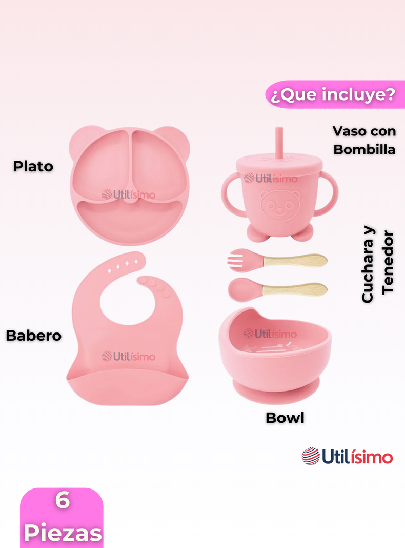 Set De Alimentación Bebé Silicona De Oso 6 Piezas Libre BPA Rosa Claro-5