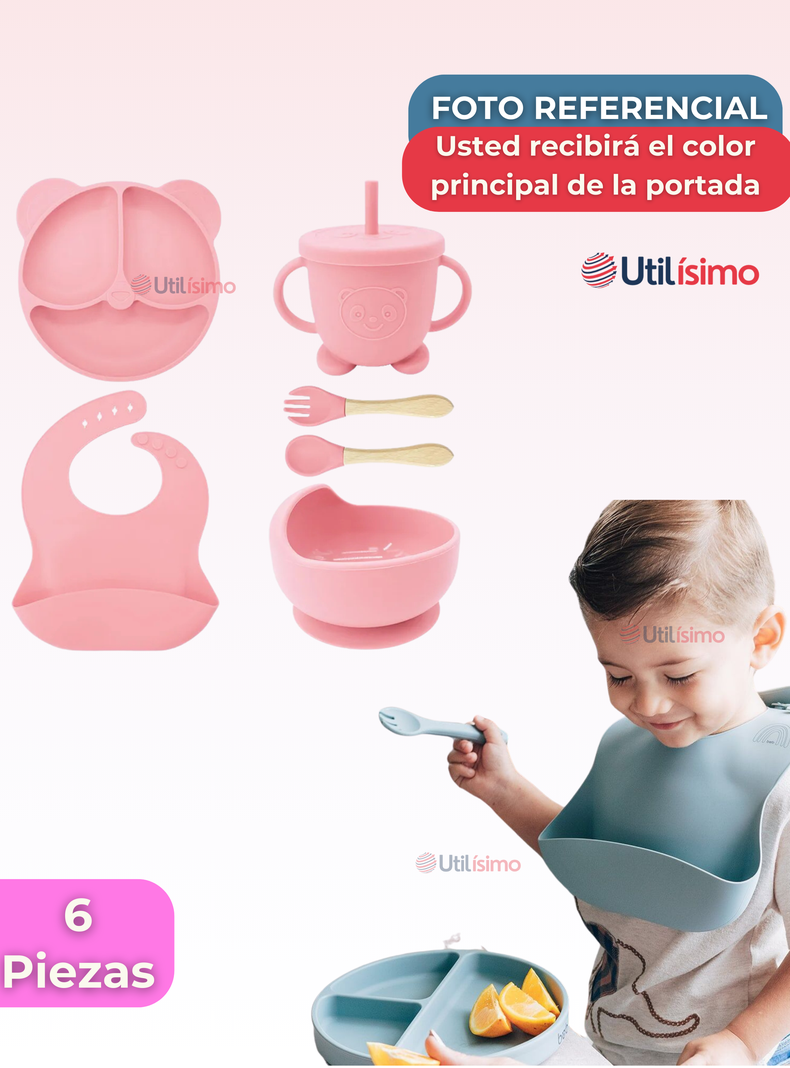 Set De Alimentación Bebé Silicona De Oso 6 Piezas Libre BPA Rosa Claro-6