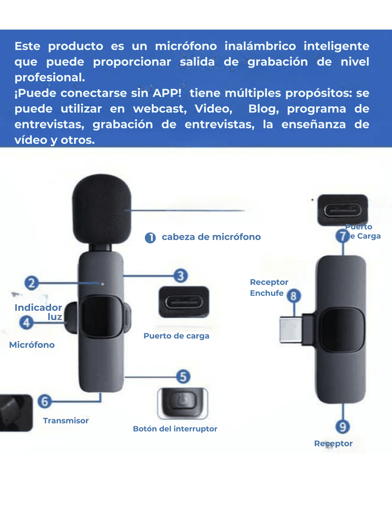 Micrófono Inalambrico Pro USB-C Recargable Celular iPhone Android iPad-3