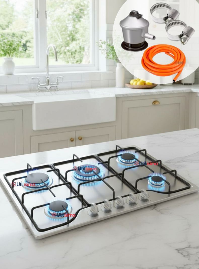 LINE Cocina Encimera Gas Licuado de 5 Platos Acero Inoxidable + Kit de instalación