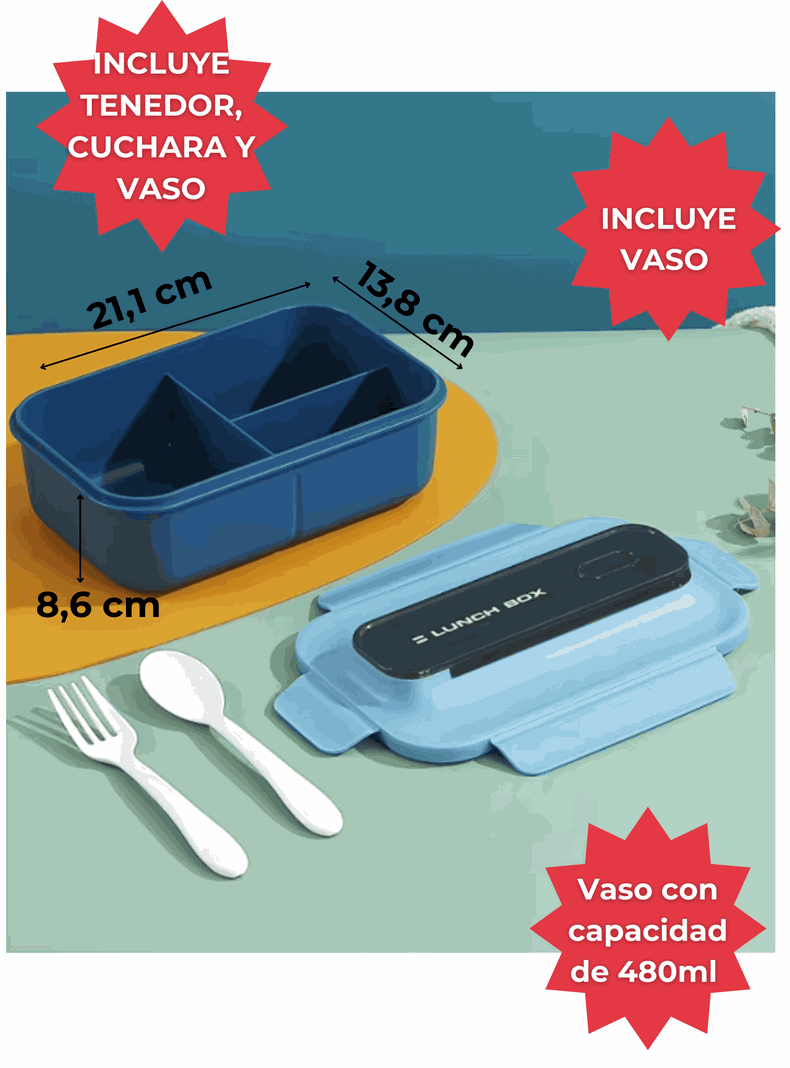 Fiambrera Contenedor 1200 Ml Lunch Box Táper Hermético + Vaso Plástico Blue-1