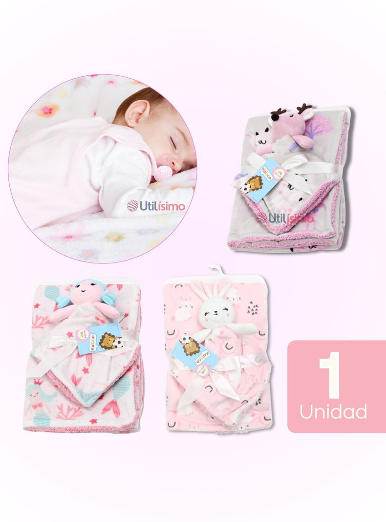 Set Manta Frazada Polar Para Bebé Niña + Peluche de Apego-0