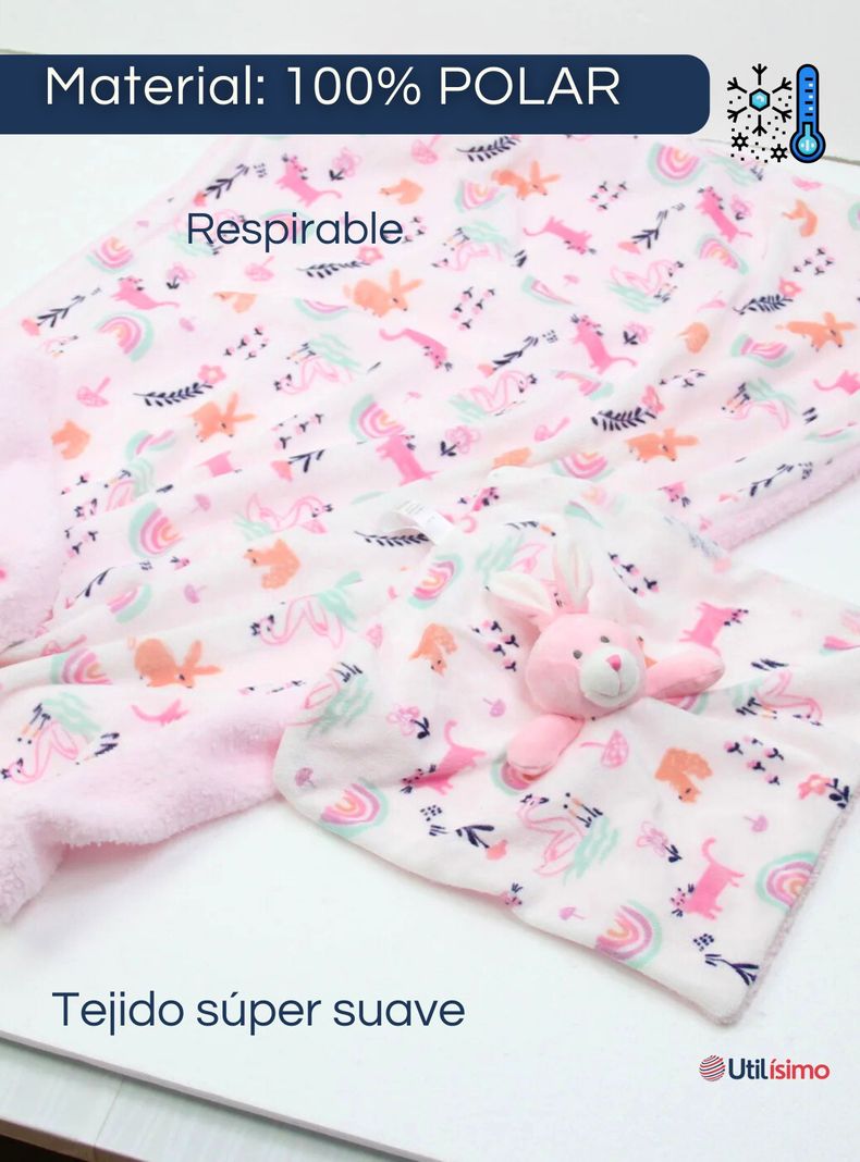 Set Manta Frazada Polar Para Bebé Niña + Peluche de Apego-3
