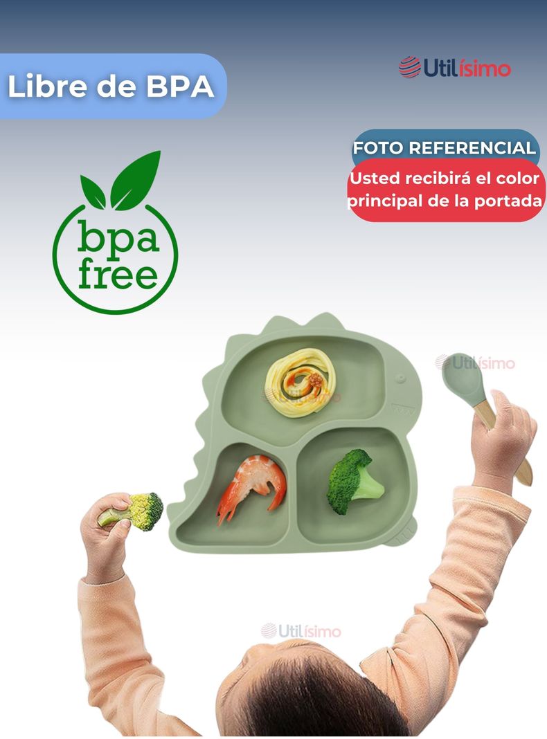 Set De Alimentación Bebé Silicona 5 Piezas Dinosaurio Libre BPA Azul-1