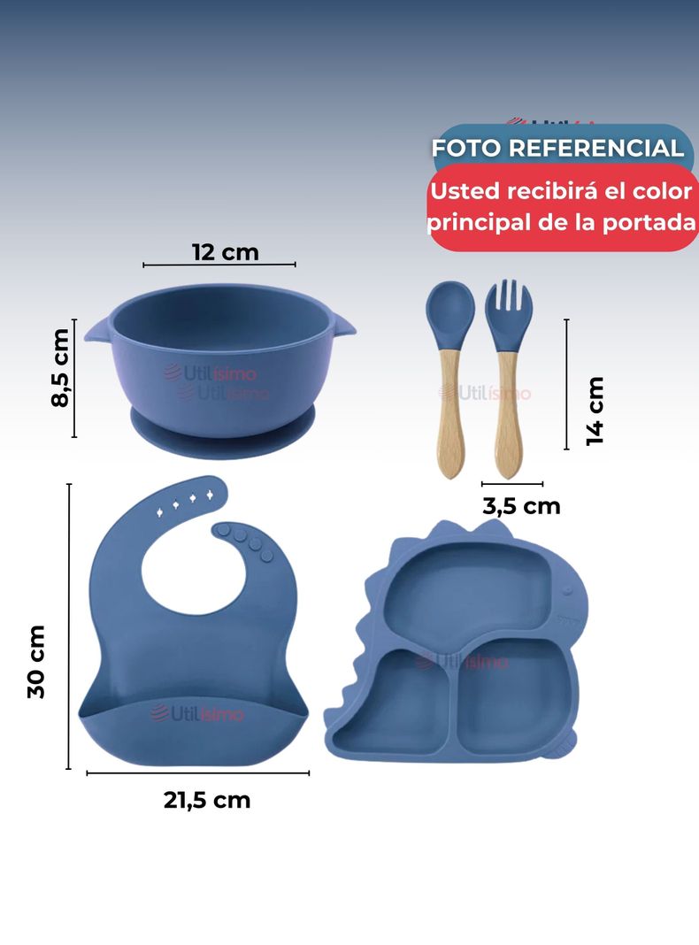 Set De Alimentación Bebé Silicona 5 Piezas Dinosaurio Libre BPA Azul-2