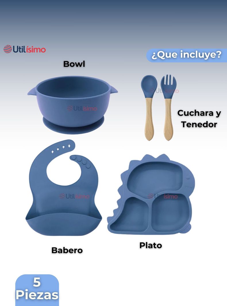 Set De Alimentación Bebé Silicona 5 Piezas Dinosaurio Libre BPA Azul-4