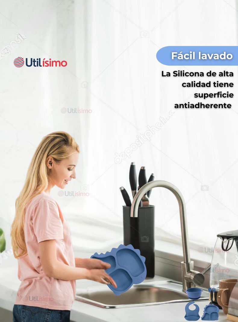 Set De Alimentación Bebé Silicona 5 Piezas Dinosaurio Libre BPA Azul-5