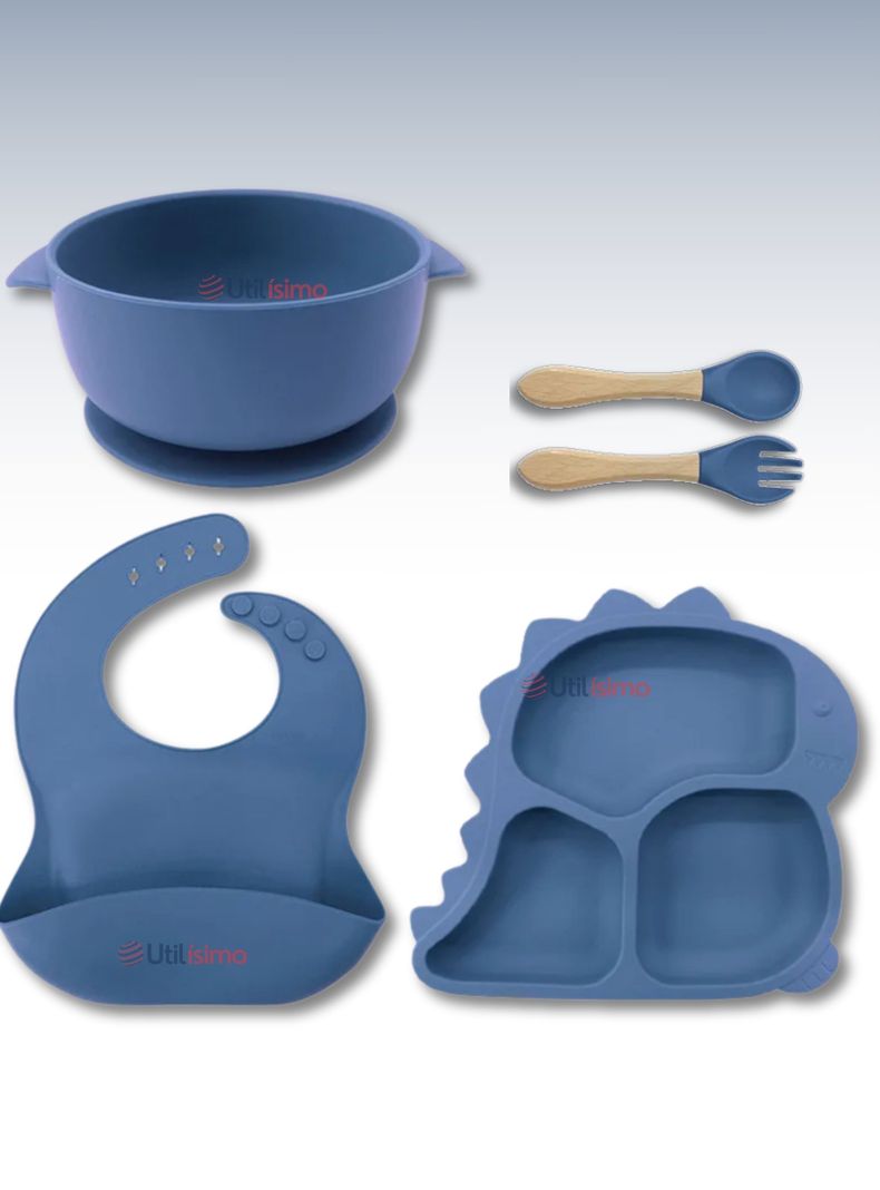 Set De Alimentación Bebé Silicona 5 Piezas Dinosaurio Libre BPA Azul-0
