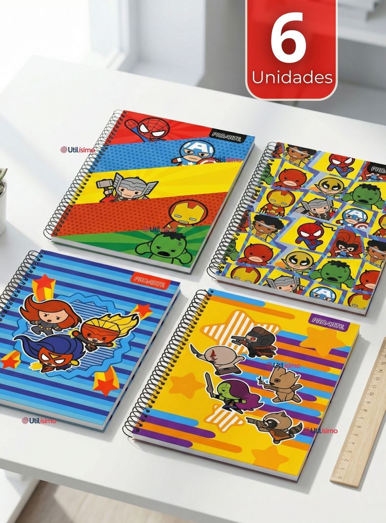 Pack 6 Cuadernos Universitario Marvel Heroes Kawaii 150 Hojas de Tapa Gruesa Proarte