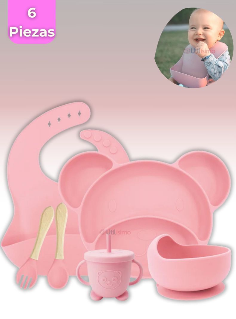 Set De Alimentación Bebé Silicona 6 Piezas Libre BPA Rosa Claro-0