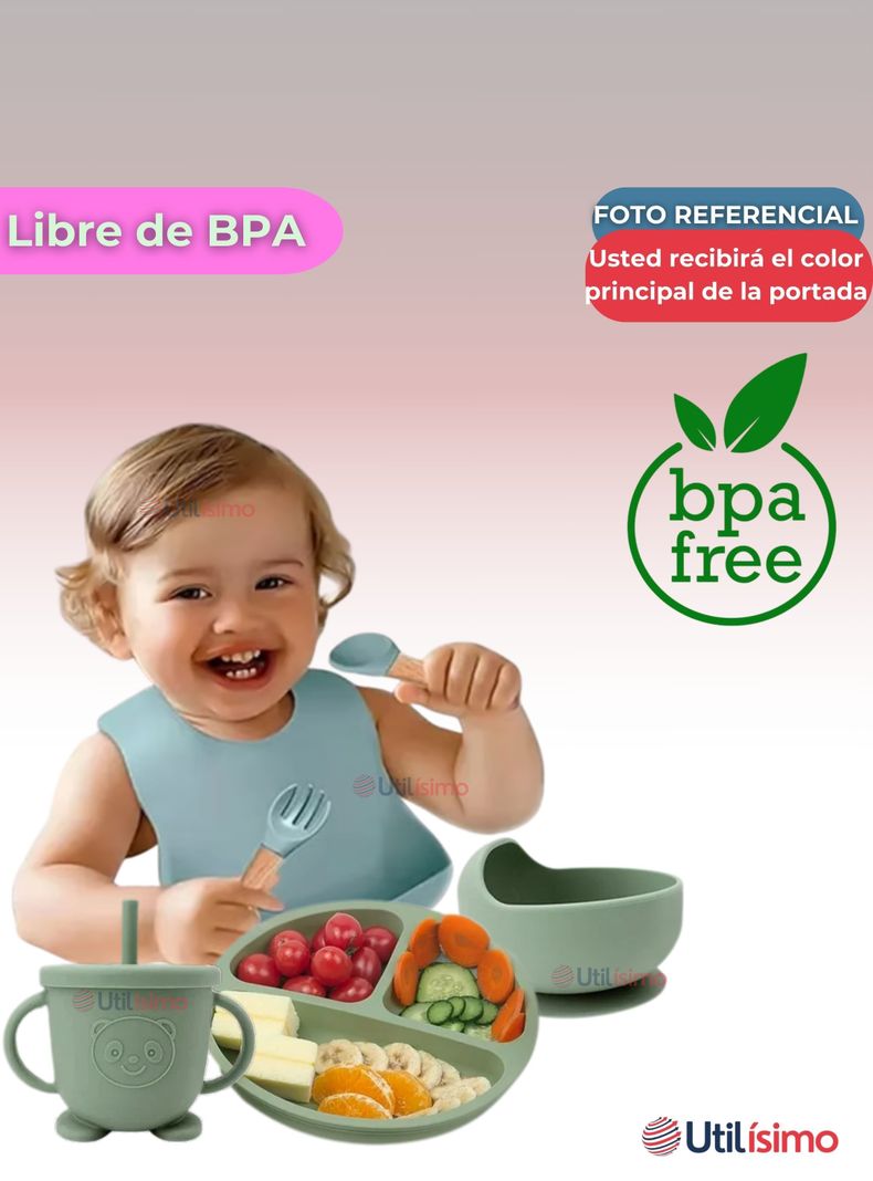 Set De Alimentación Bebé Silicona 6 Piezas Libre BPA Rosa Claro-2