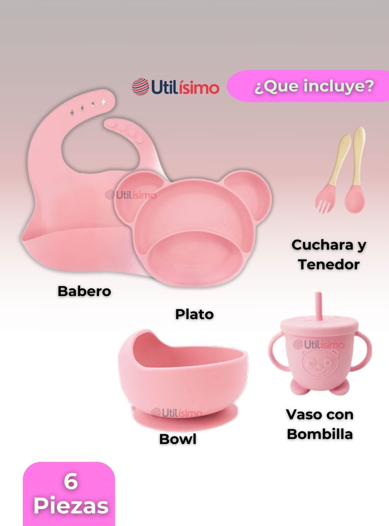 Set De Alimentación Bebé Silicona 6 Piezas Libre BPA Rosa Claro-5