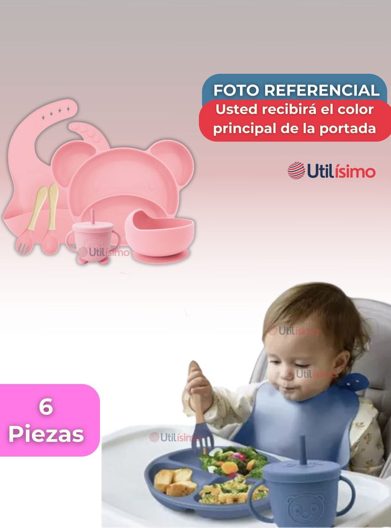 Set De Alimentación Bebé Silicona 6 Piezas Libre BPA Rosa Claro-6