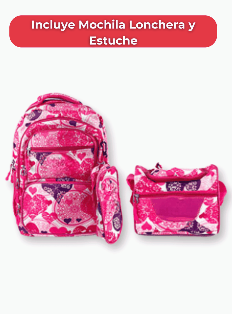  Mochila Con Lonchera Y Estuche 45CM Diseños Variados Niña Hearts-2