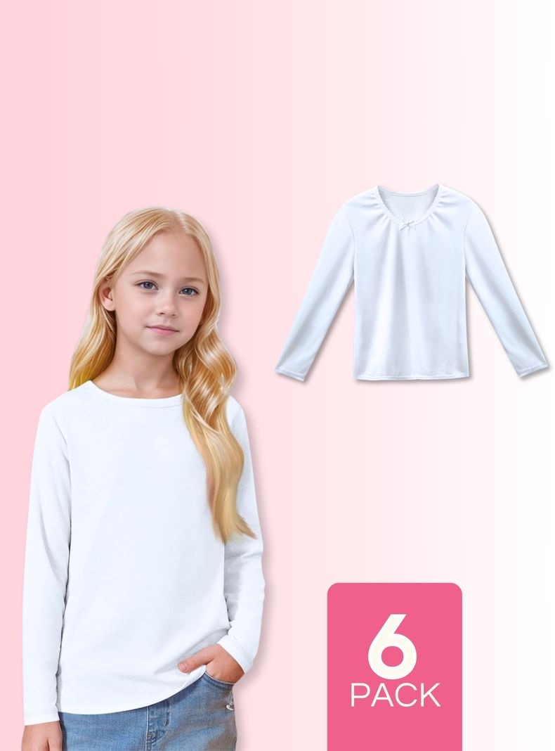 Pack 6 Camisetas Algodón Manga Larga Polera Niña Primera Capa Cuello Redondo Blanca-0