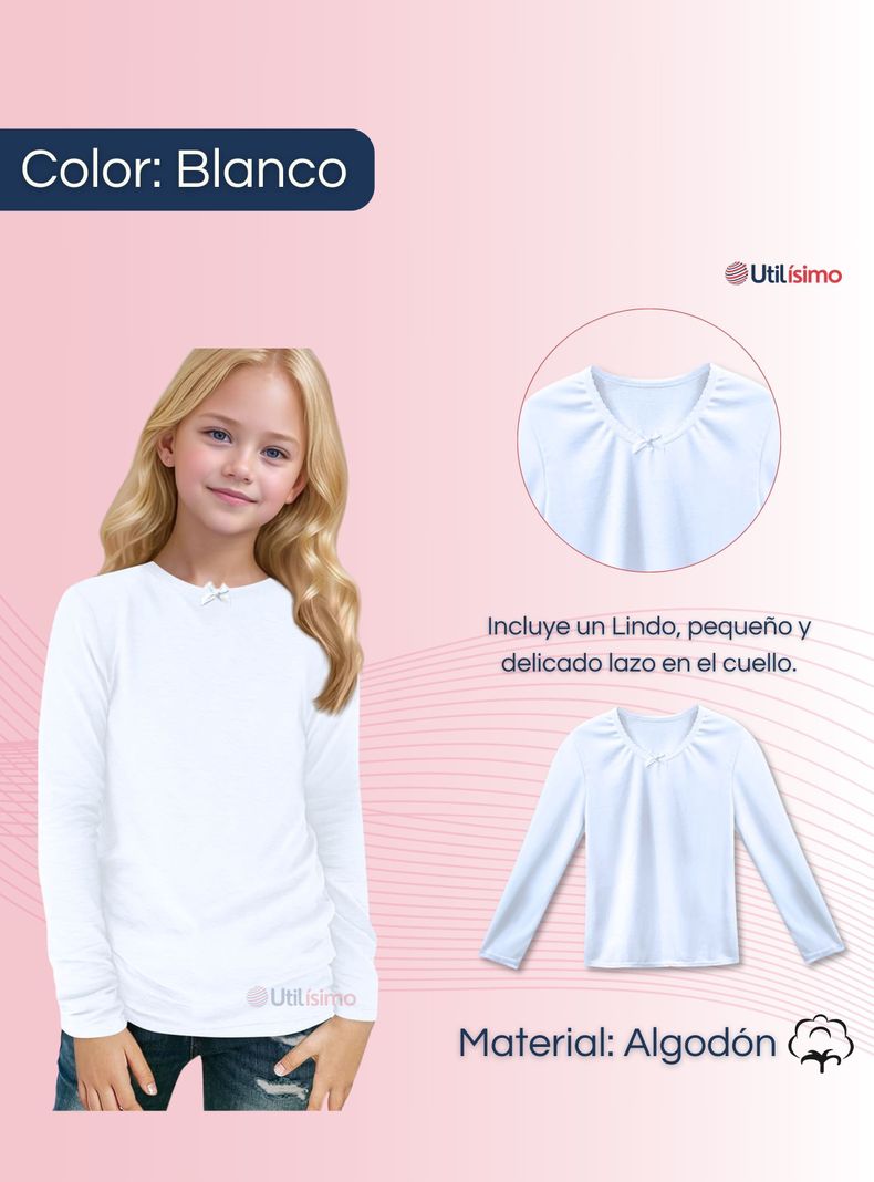 Pack 6 Camisetas Algodón Manga Larga Polera Niña Primera Capa Cuello Redondo Blanca-1
