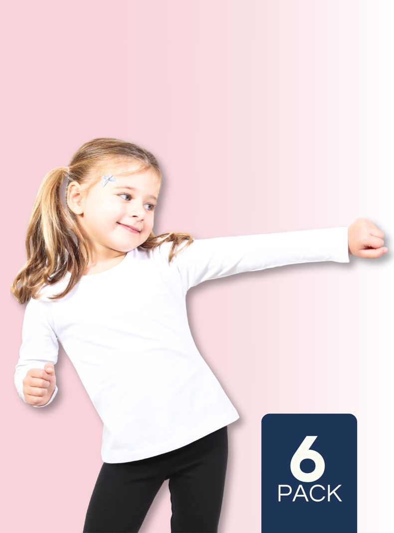Pack 6 Camisetas Algodón Manga Larga Poleras Primera Capa Niña Cuello Redondo Blanca-0