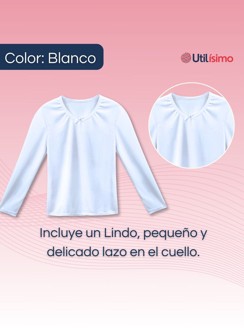 Pack 6 Camisetas Algodón Manga Larga Poleras Primera Capa Niña Cuello Redondo Blanca-1
