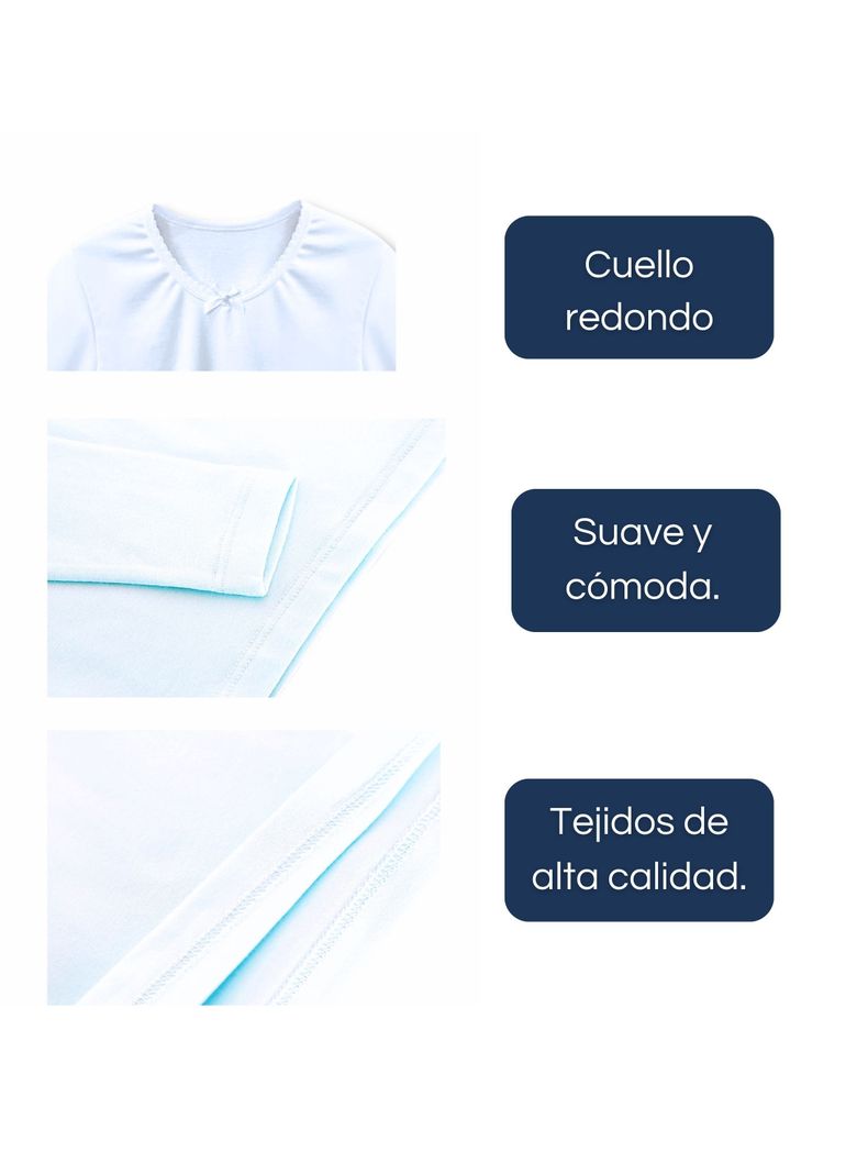 Pack 6 Camisetas Algodón Manga Larga Poleras Primera Capa Niña Cuello Redondo Blanca-5
