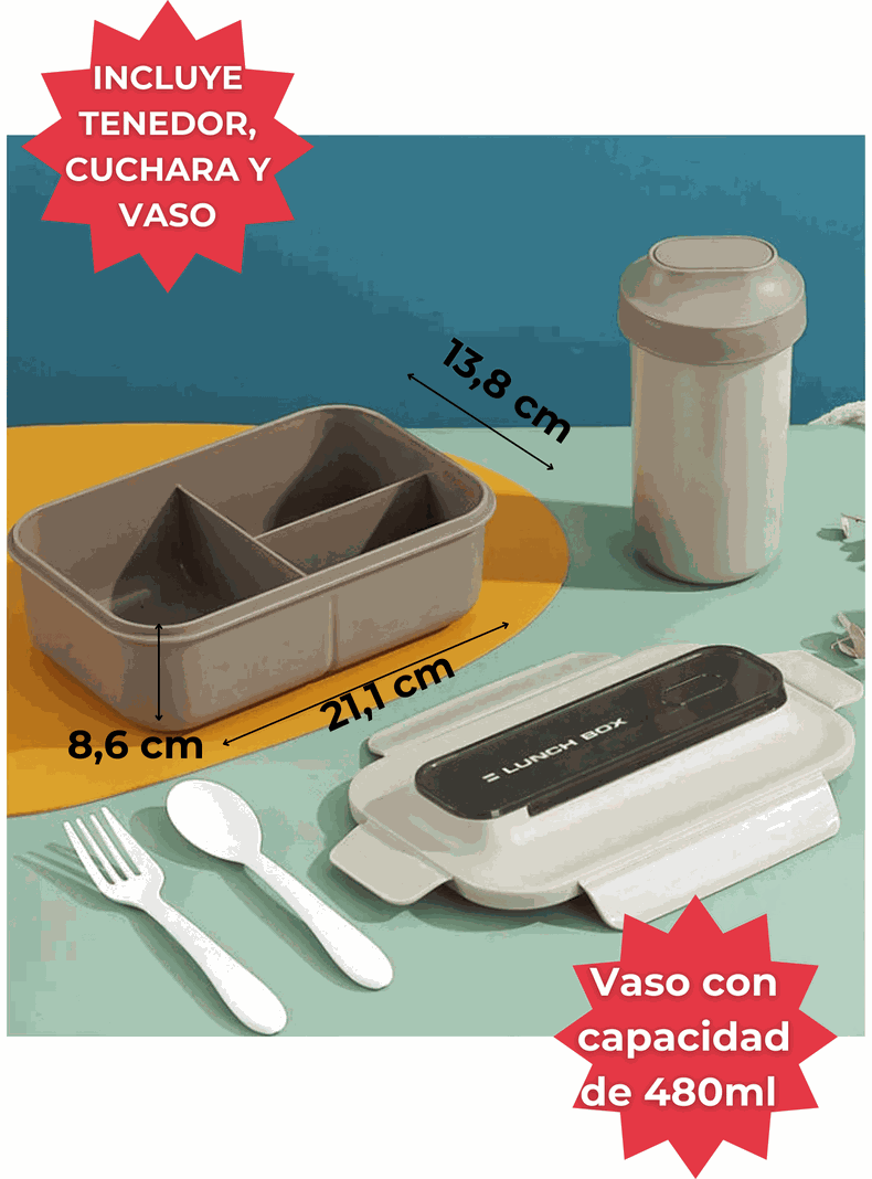 Fiambrera Contenedor 1200 Ml Lunch Box Táper Hermético + Vaso Plástico Beige-1