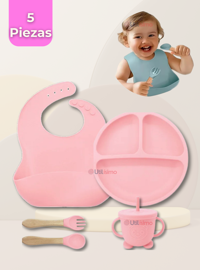 Set De Alimentación Bebé Silicona Con Vaso 5 Piezas Libre BPA Rosa Claro-0