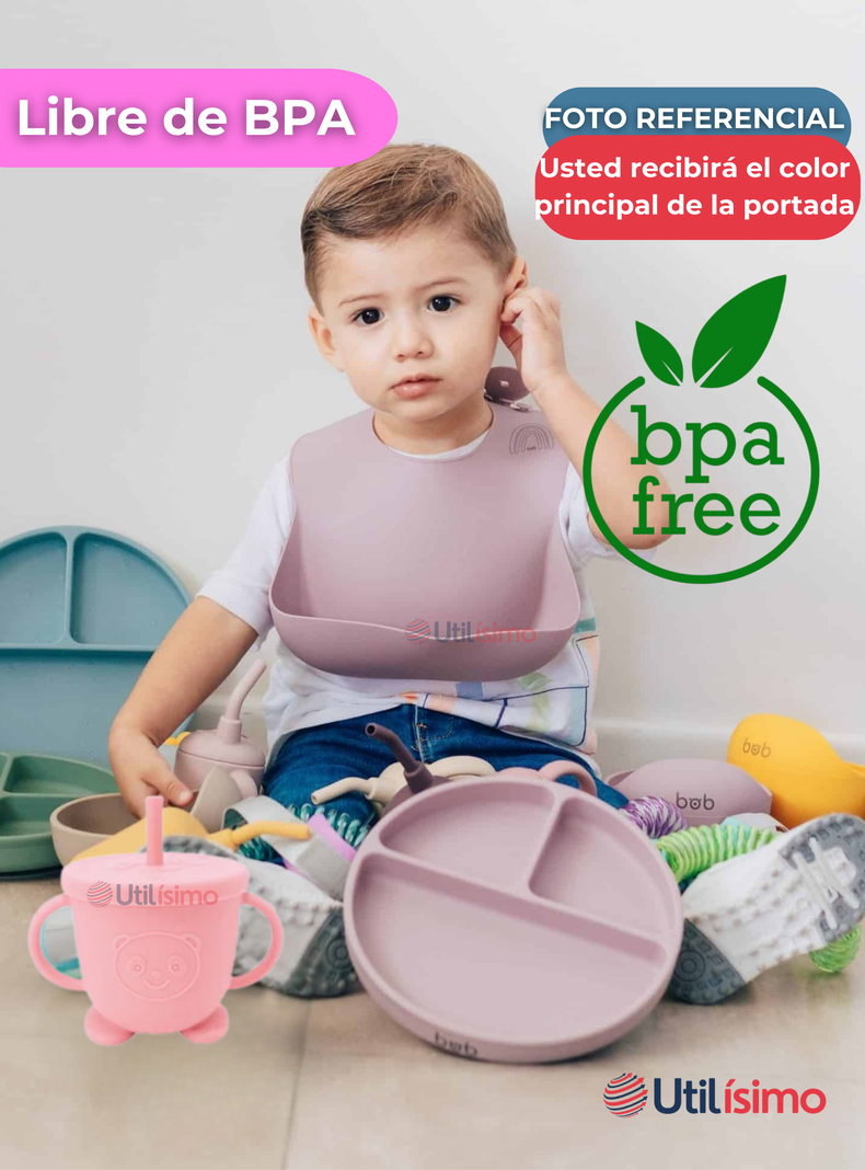 Set De Alimentación Bebé Silicona Con Vaso 5 Piezas Libre BPA Rosa Claro-2