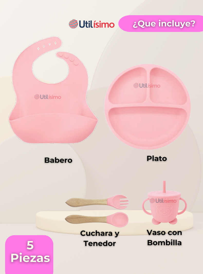 Set De Alimentación Bebé Silicona Con Vaso 5 Piezas Libre BPA Rosa Claro-5