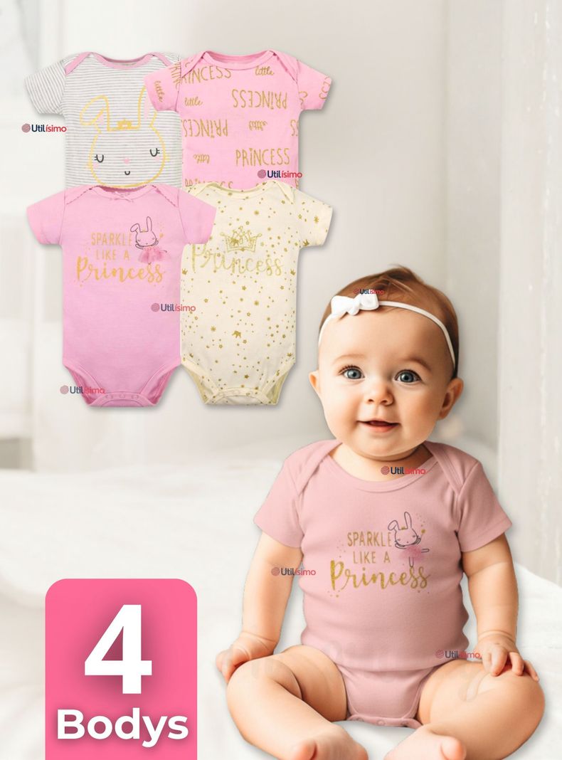 Pack 4 Bodys Nina Manga Corta Tedmimak 100% Algodon Sparkle Like a Princess Surtido 3 A 6 Meses