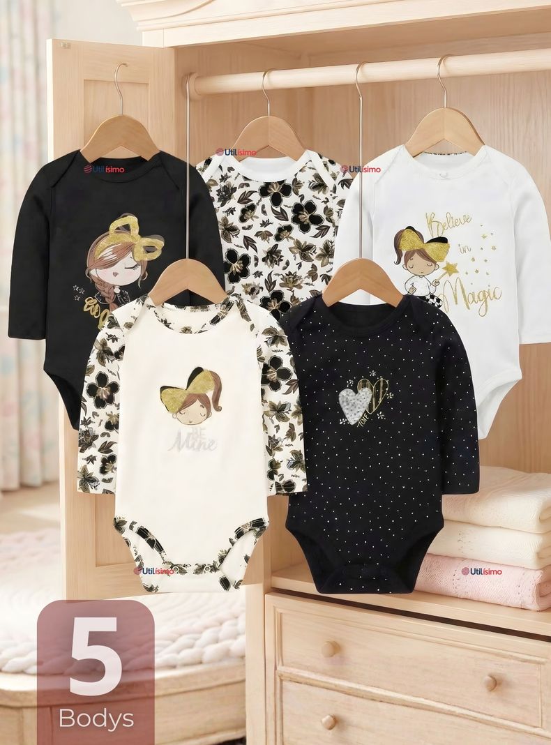 Pack 5 Bodys Manga Larga 100% Algodon Bebe Ninas Golden Magic