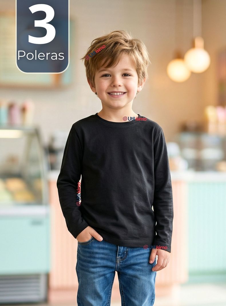 Pack 3 Poleras Camisetas Bambú Negra Cuello Redondo Primera Capa Manga Larga Niño