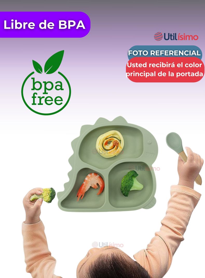Set De Alimentación Bebé Silicona 5 Piezas Dinosaurio Libre BPA Lila-1