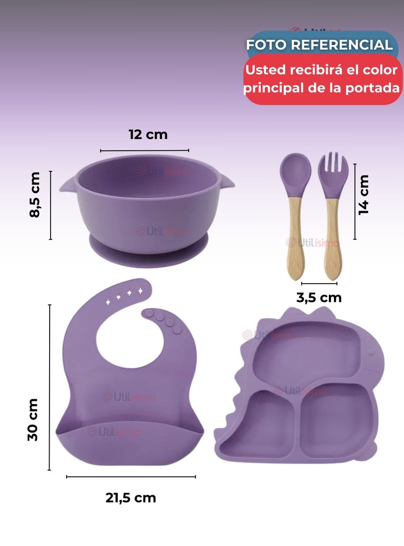Set De Alimentación Bebé Silicona 5 Piezas Dinosaurio Libre BPA Lila-2