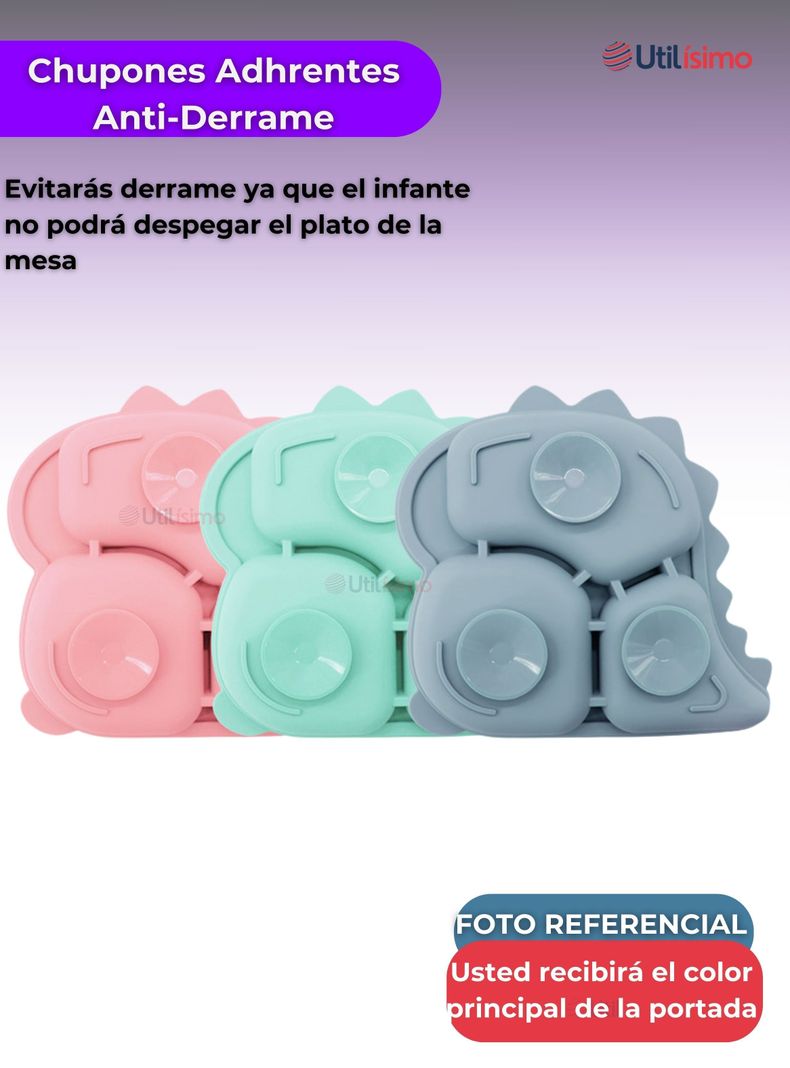 Set De Alimentación Bebé Silicona 5 Piezas Dinosaurio Libre BPA Lila-3