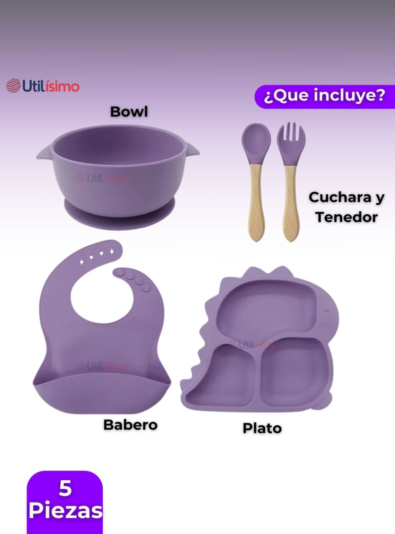 Set De Alimentación Bebé Silicona 5 Piezas Dinosaurio Libre BPA Lila-4