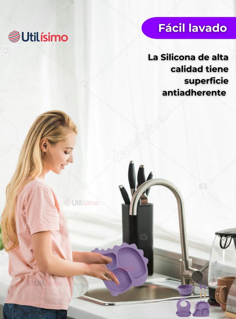 Set De Alimentación Bebé Silicona 5 Piezas Dinosaurio Libre BPA Lila-5
