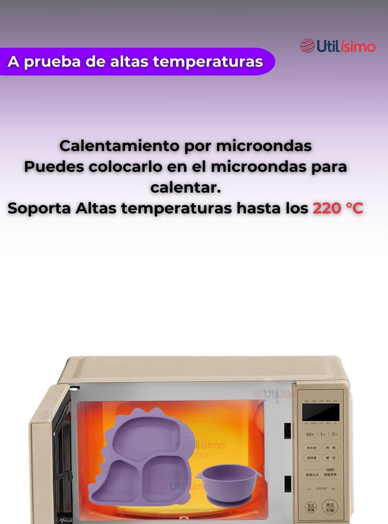 Set De Alimentación Bebé Silicona 5 Piezas Dinosaurio Libre BPA Lila-7