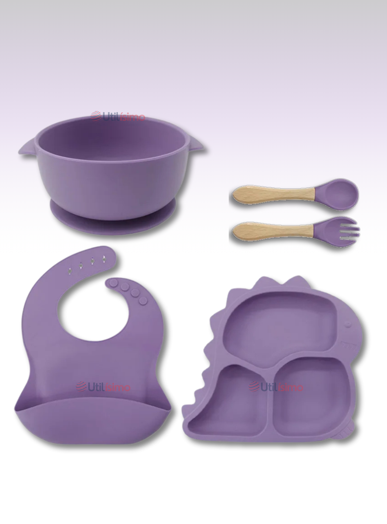 Set De Alimentación Bebé Silicona 5 Piezas Dinosaurio Libre BPA Lila-0