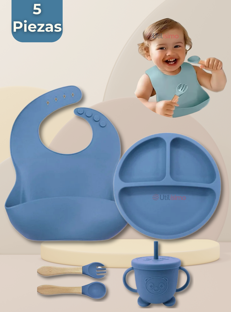 Set De Alimentación Bebé Silicona Con Vaso 5 Piezas Libre BPA Azul-0