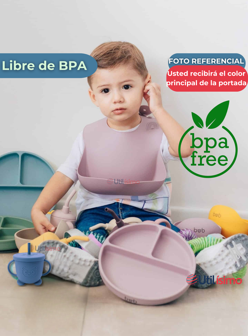 Set De Alimentación Bebé Silicona Con Vaso 5 Piezas Libre BPA Azul-2