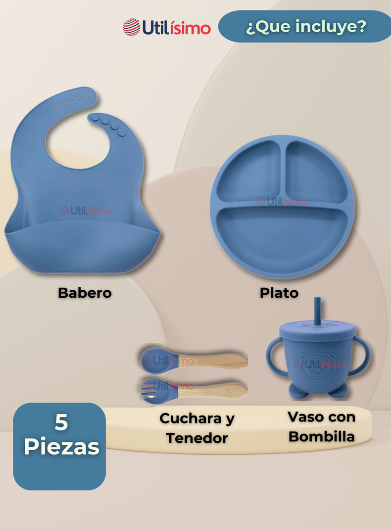 Set De Alimentación Bebé Silicona Con Vaso 5 Piezas Libre BPA Azul-5