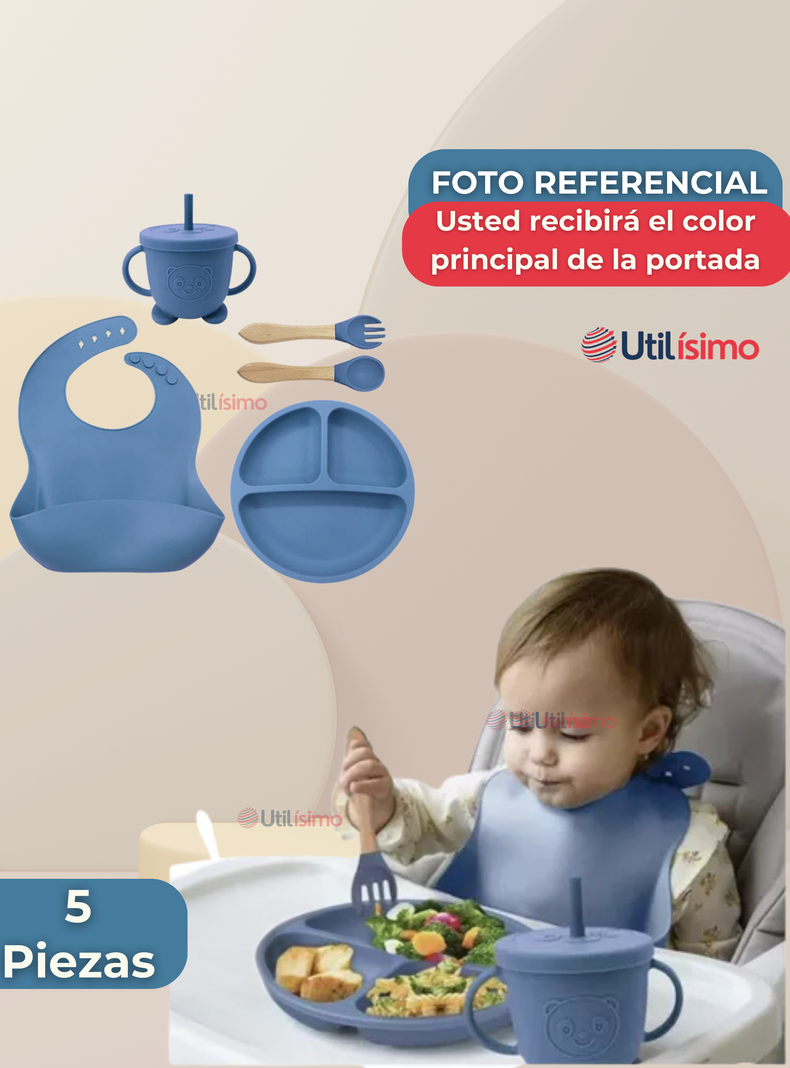 Set De Alimentación Bebé Silicona Con Vaso 5 Piezas Libre BPA Azul-6