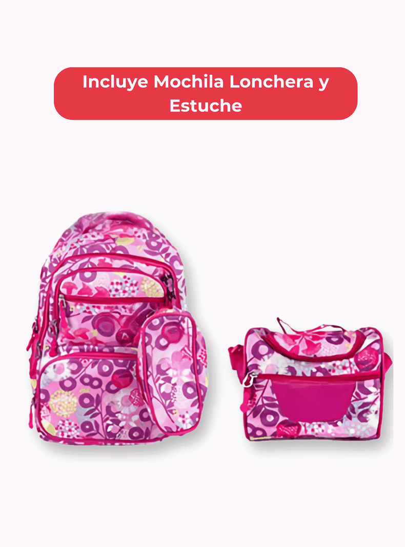 Mochila Con Lonchera Y Estuche 45CM Diseños Variados Niña Flowers-2