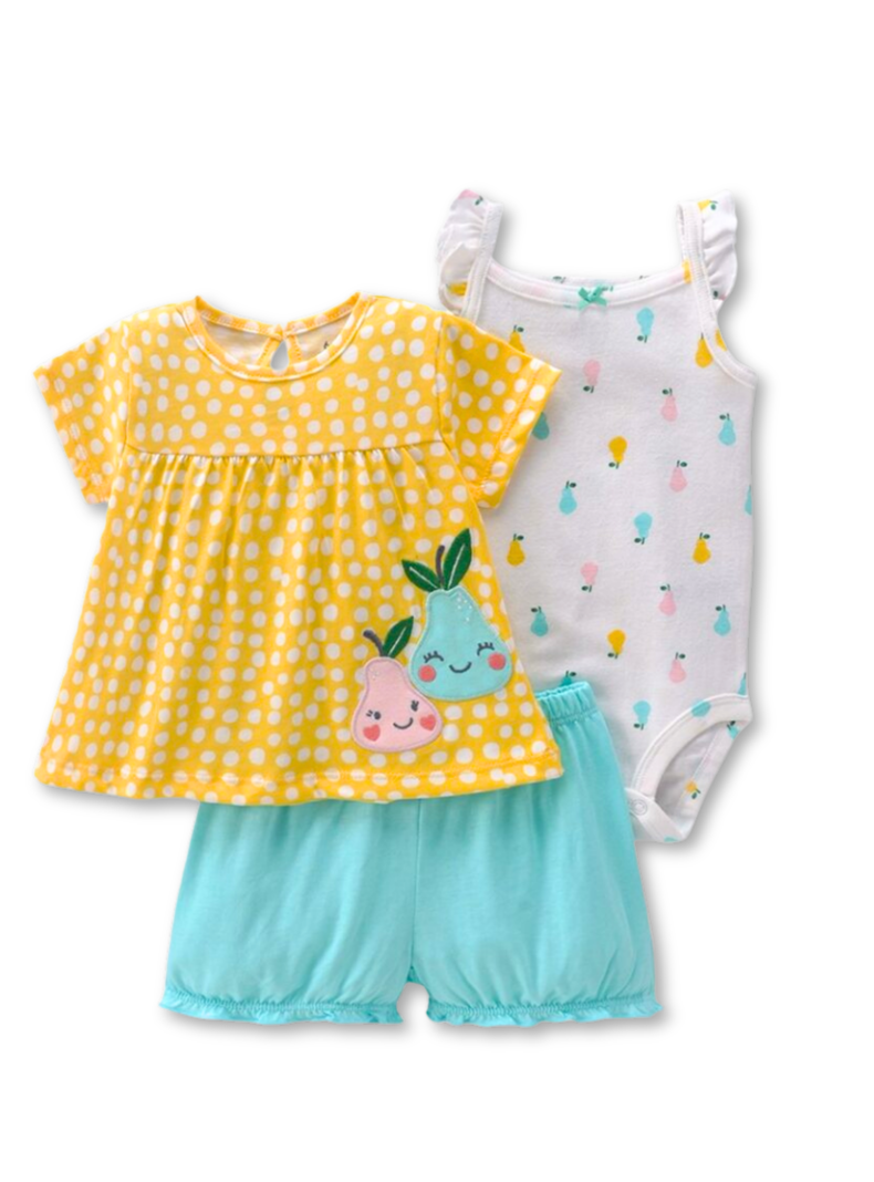 Set 3 Piezas Conjunto con Body sin Mangas Estampado Bebé Niña 6 a 24 Meses Pear Print-0