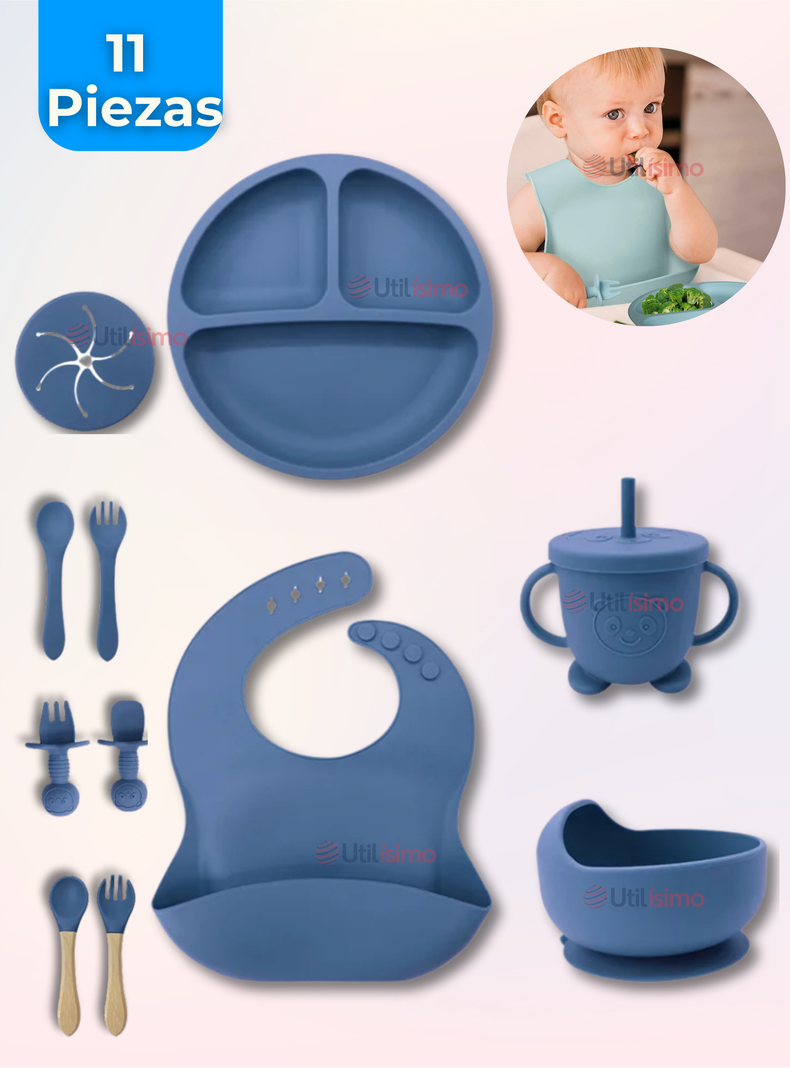 Set De Alimentación Bebé Silicona Con Vaso 11 Piezas Libre BPA Azul-0